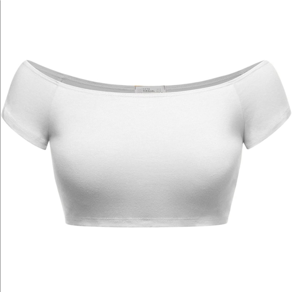 FPT Womens Basic Short Sleeve Off The Shoulder Crop Top WHITE SMALL